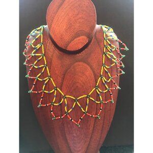 Vtg 1970's Hand Beaded Yoke Or Net Style Necklace Beaded Triangles Pan Tribal